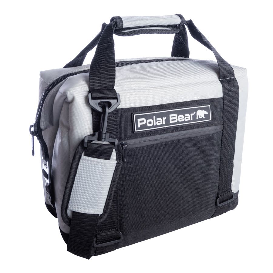 Black and gray Polar Bear nylon soft cooler with top handle and front zip pocket