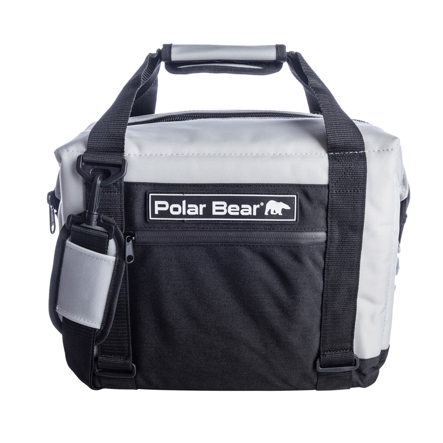 Black and light gray Polar Bear insulated cooler bag with front logo patch and shoulder strap