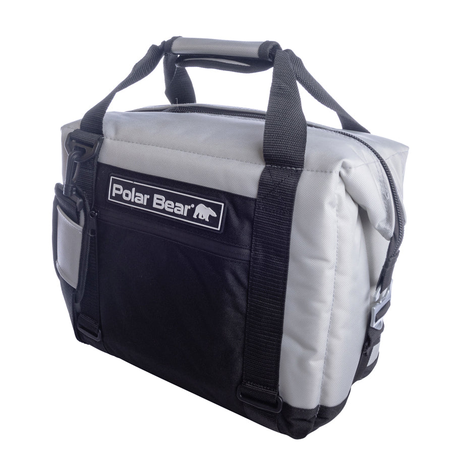 Black and gray Polar Bear nylon soft cooler bag with side handles and zip front pocket