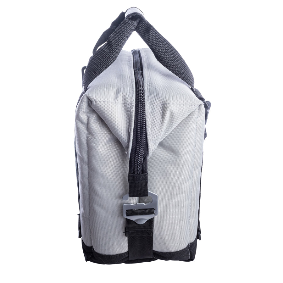 White nylon soft cooler bag with front zipper, black strap, and top carry handle