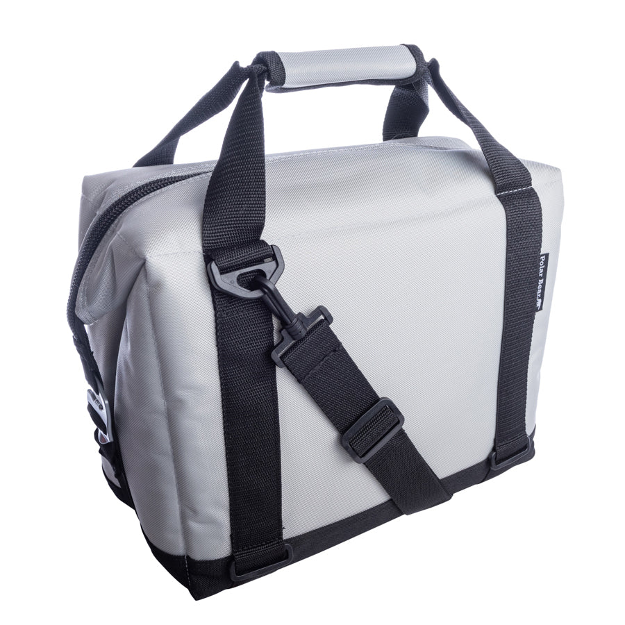 Light gray nylon soft cooler bag with black shoulder strap and front zipper