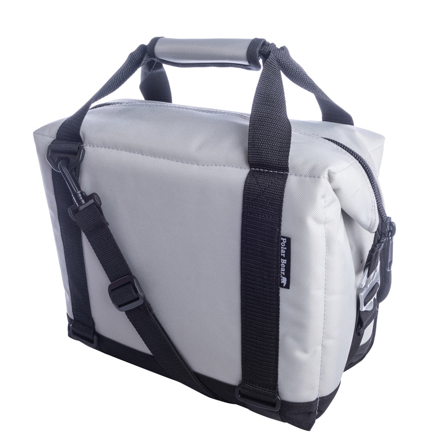 Soft cooler bag with top handle, padded shoulder strap, and zippered front pocket