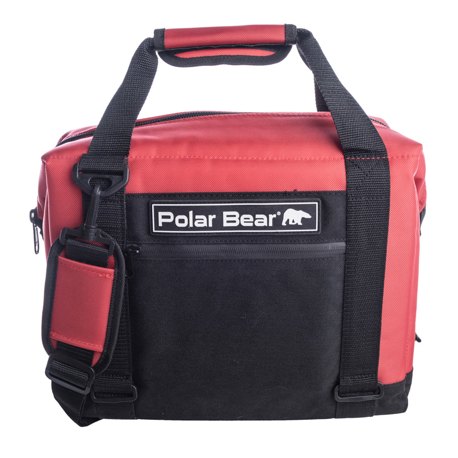 Red and black nylon soft cooler bag with front logo patch and webbing straps