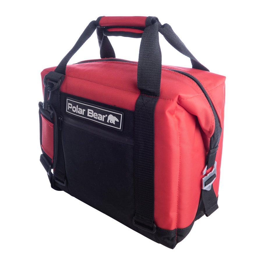 Red and black nylon soft cooler bag side view with zip front and top handle