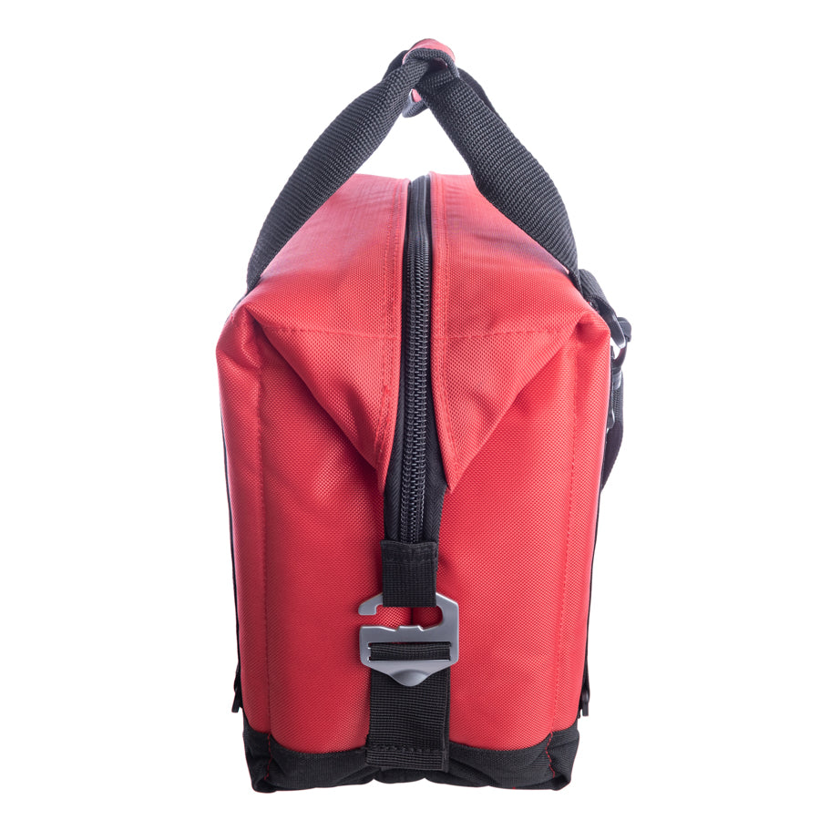 Red nylon soft cooler bag with top handle, front zipper, and black webbing straps