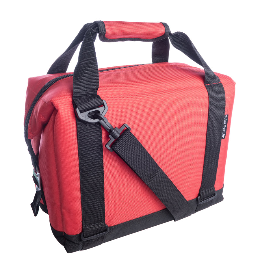 Red nylon soft cooler bag with wide shoulder strap, front zip pocket, and carry handles