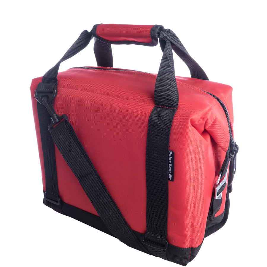 Red nylon soft cooler bag with front zipper, black shoulder strap, and reinforced bottom