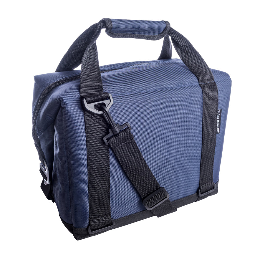 Navy soft cooler bag with dark front panel, front strap, and zipper pocket detail