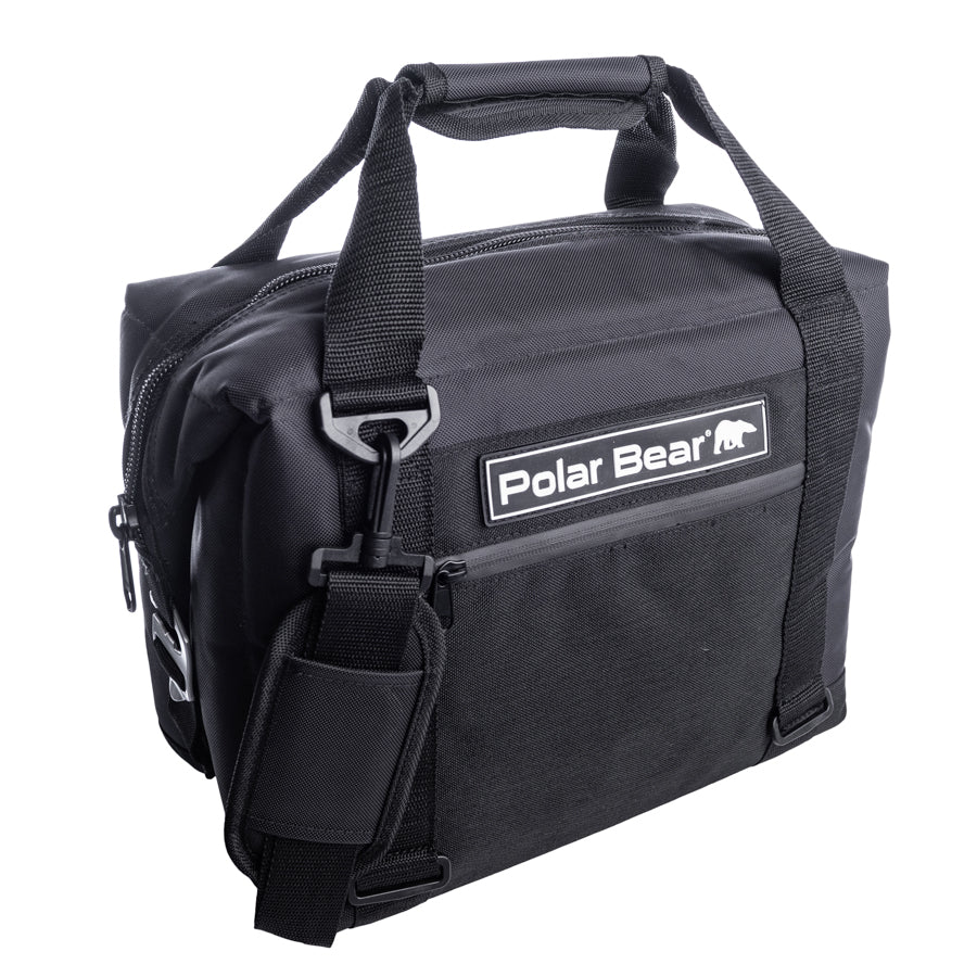 Black nylon soft cooler bag with Polar Bear logo patch and front zip pocket