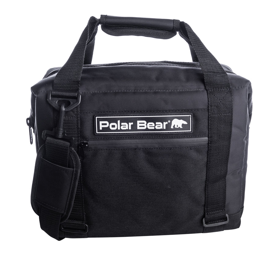 Black nylon soft cooler bag with Polar Bear logo patch and top handle