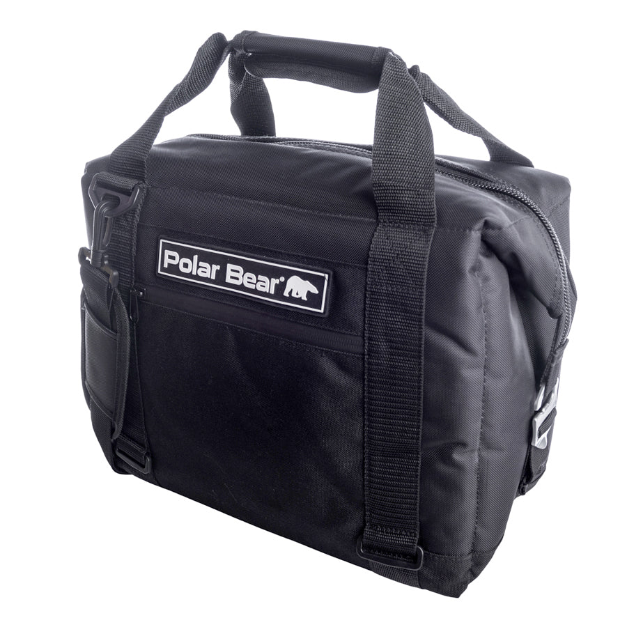 Black nylon soft cooler bag, side view with front logo patch and grab handle