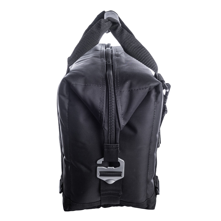Black nylon soft cooler bag with front zipper and webbing carry strap