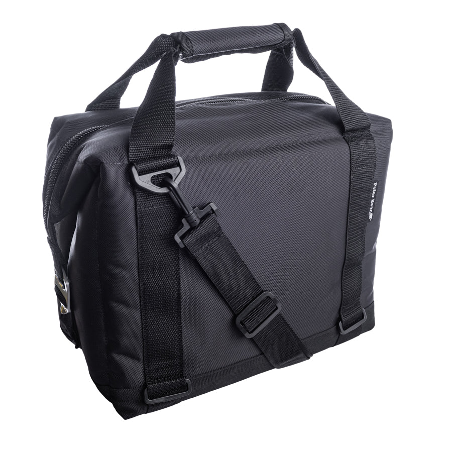 Black nylon soft cooler bag with padded shoulder strap and zip front pocket