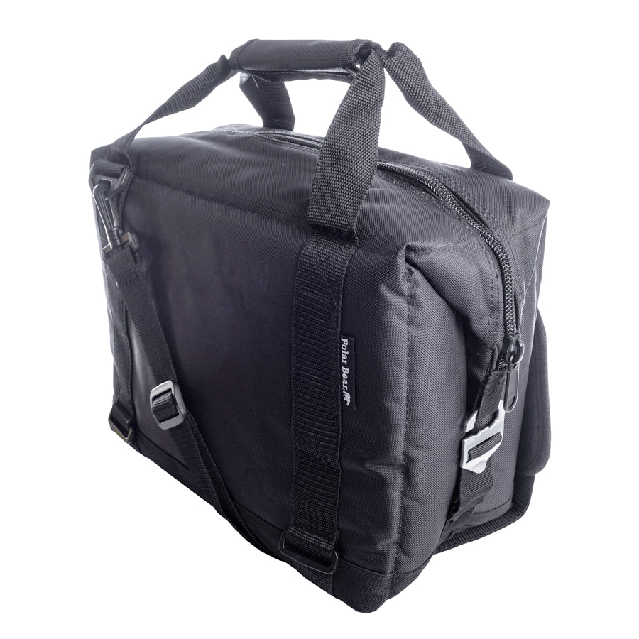 Black nylon soft cooler bag with side buckle straps and front zipper