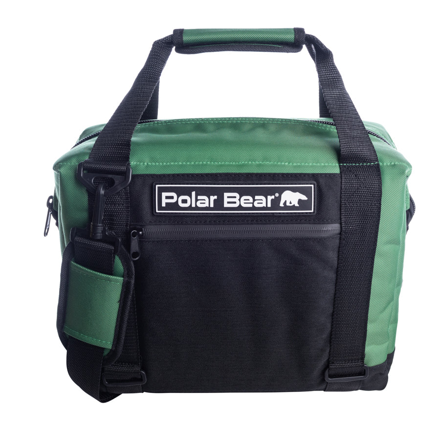 Soft cooler bag with front logo patch and black and green color-block design