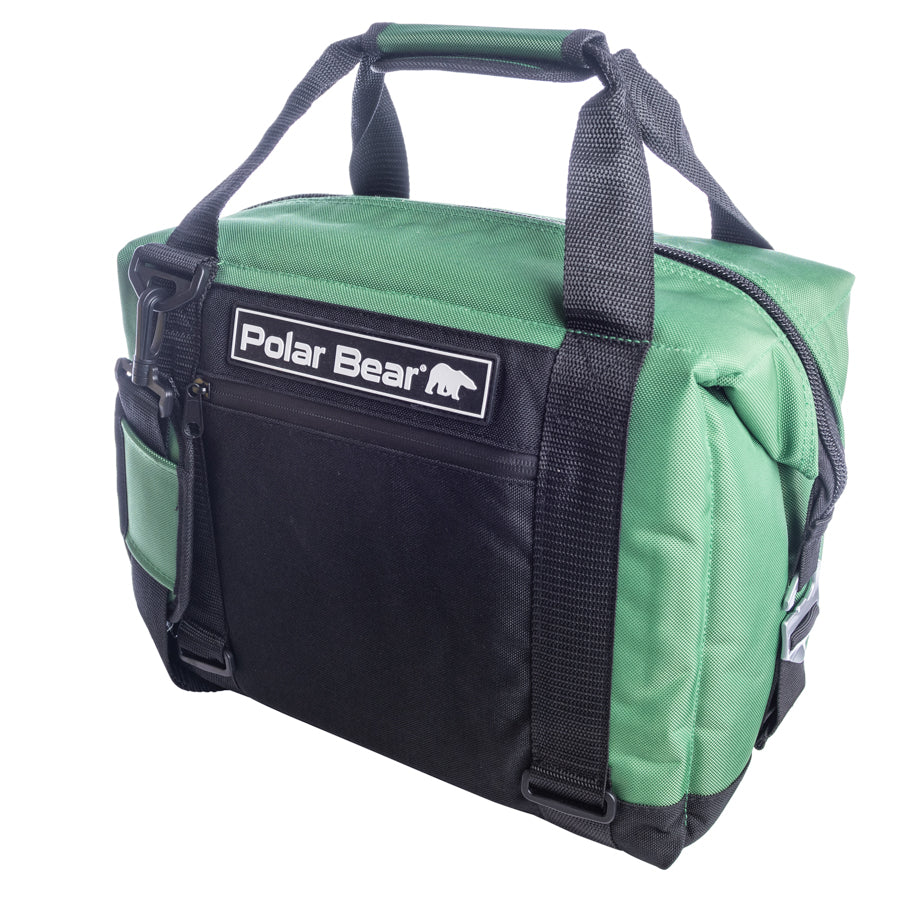 Soft nylon cooler bag with green body panel and black adjustable shoulder strap