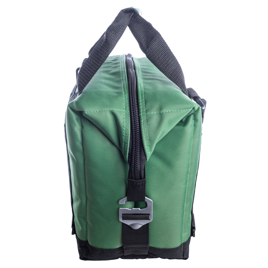 Soft cooler bag back view with black zipper and green fabric panels