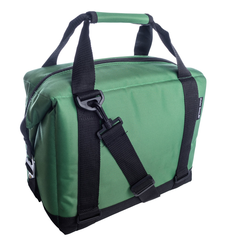 Soft cooler bag with black straps, green top, and front zipper line