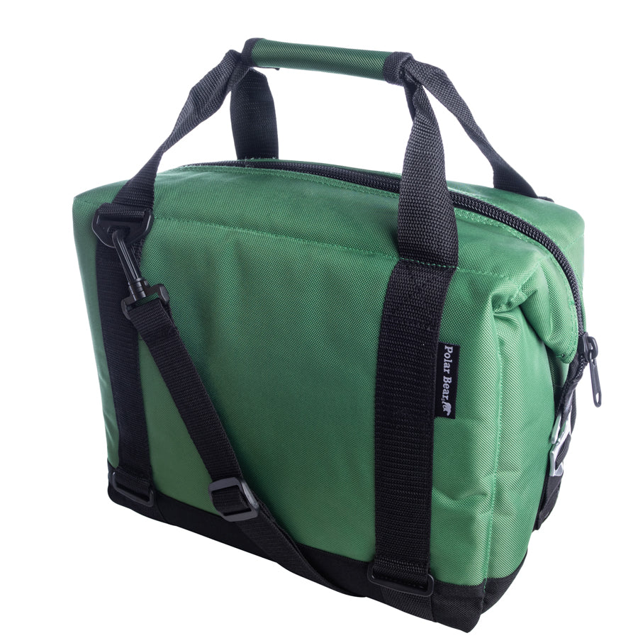 Soft cooler bag side view with small zip pocket and black trim on green fabric