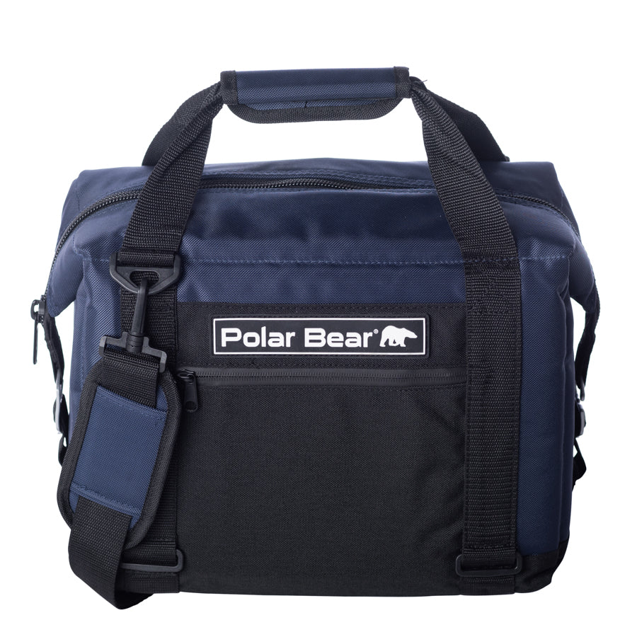 Navy and dark soft cooler bag with Polar Bear logo patch, front zip pocket, side handle