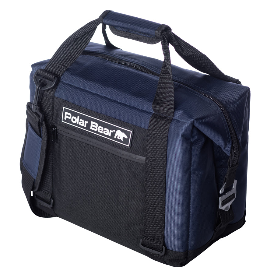 Nylon soft cooler bag in navy with front logo patch, padded handle, and side zippers