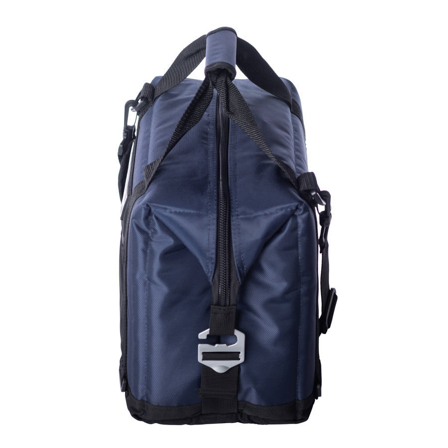 Back view of navy nylon soft cooler bag with zipper panel and adjustable shoulder strap