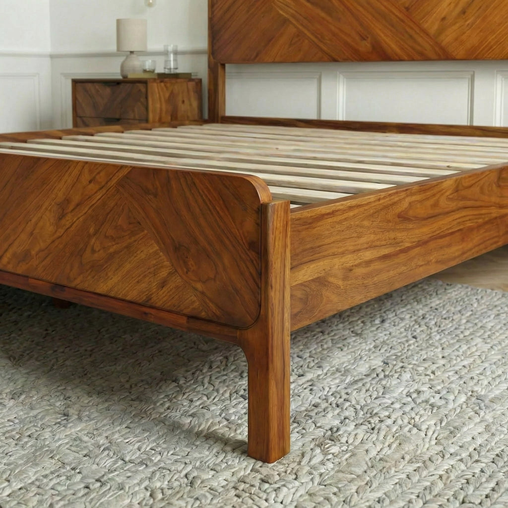 Solid wood bed frame leg and slatted base corner detail, caramel finish