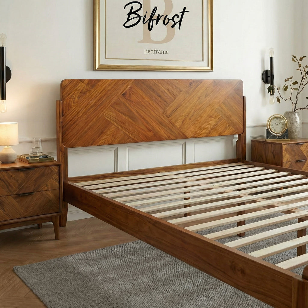Caramel wood bed frame with extra-high headboard and slatted base, side view