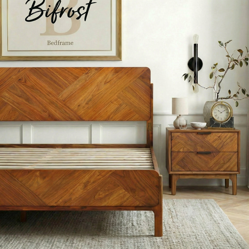 Caramel wood bed frame with tall headboard and slatted base, wooden posts visible