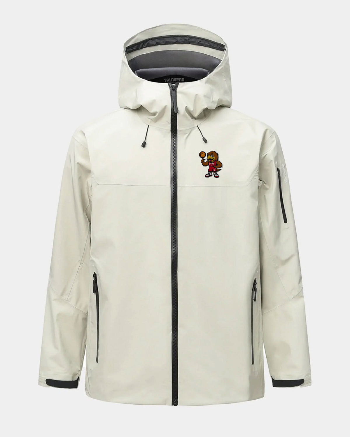 Bone hooded jacket with full zipper and small mascot patch at chest.