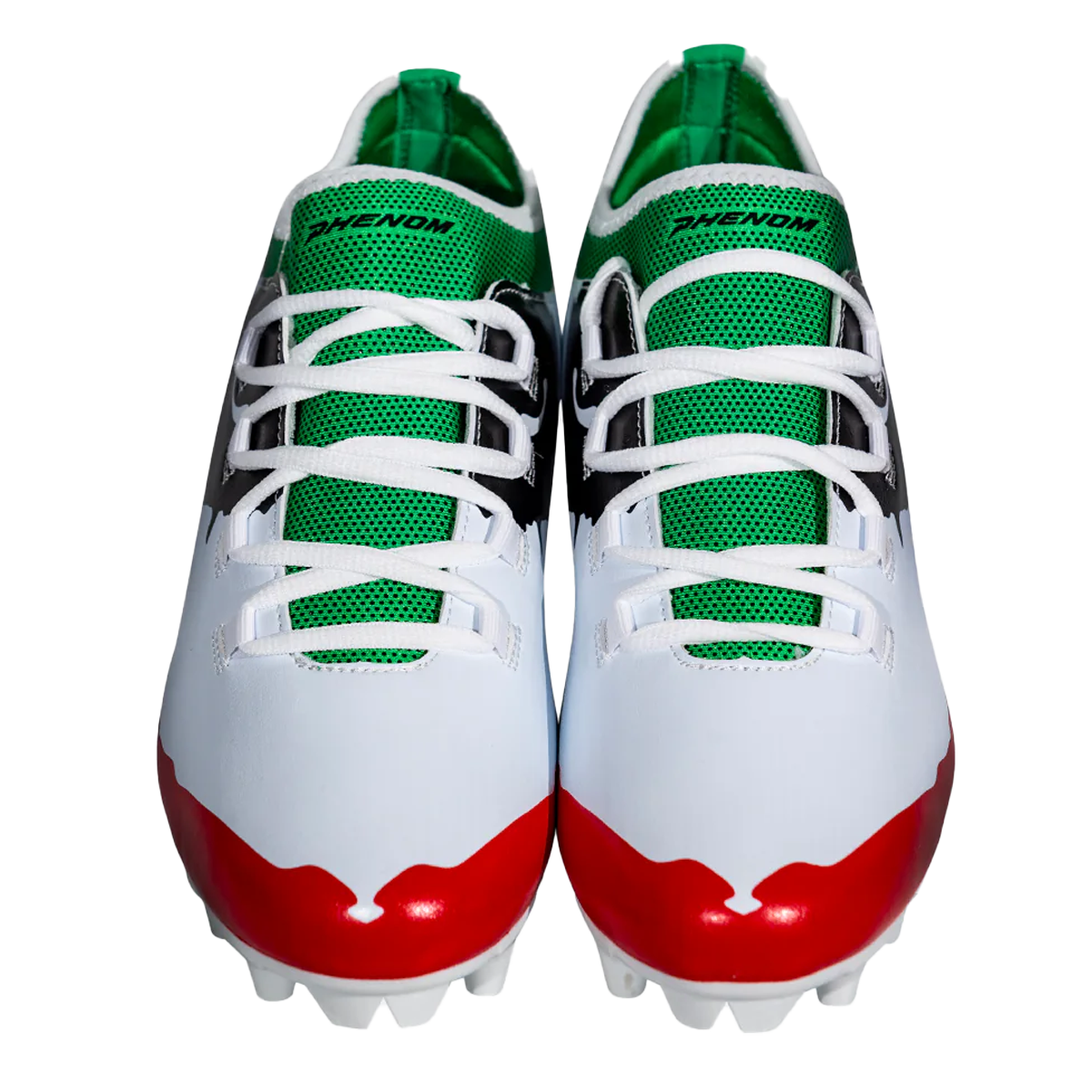 Front view of white soccer cleats with green mesh panels, black accents, red sole tips