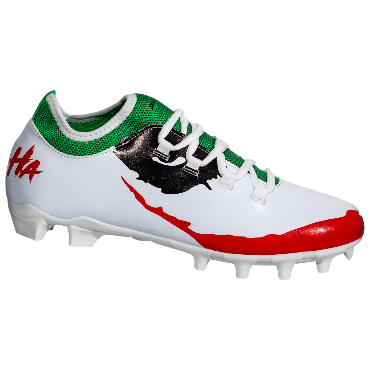 White cleat with green collar, black silhouette graphic, red outsole, and visible studs