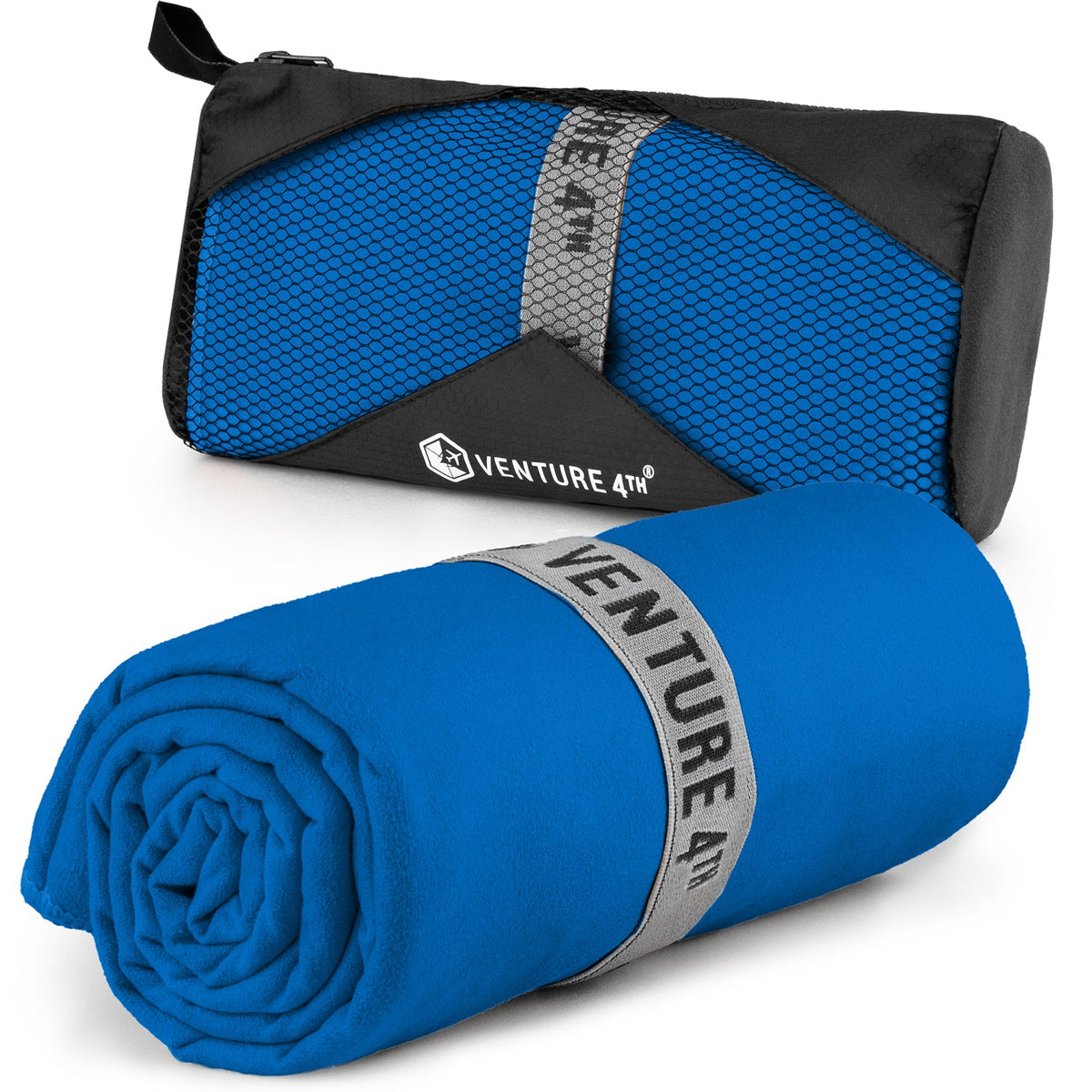 Blue microfiber quick-dry travel towel roll with carry pouch