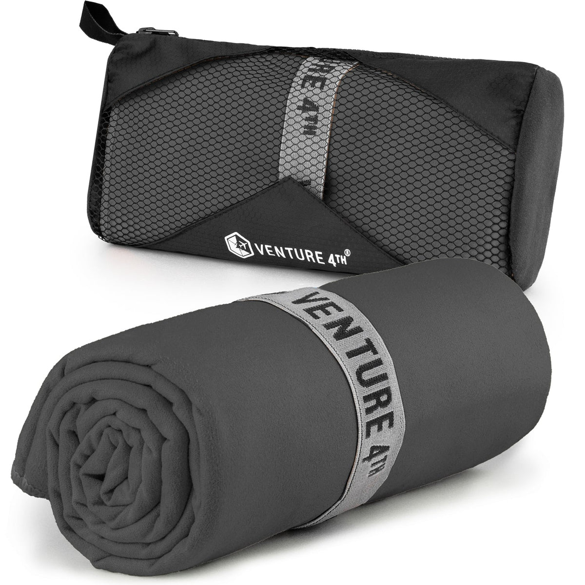 Dark gray rolled microfiber quick-dry travel towel with storage pouch