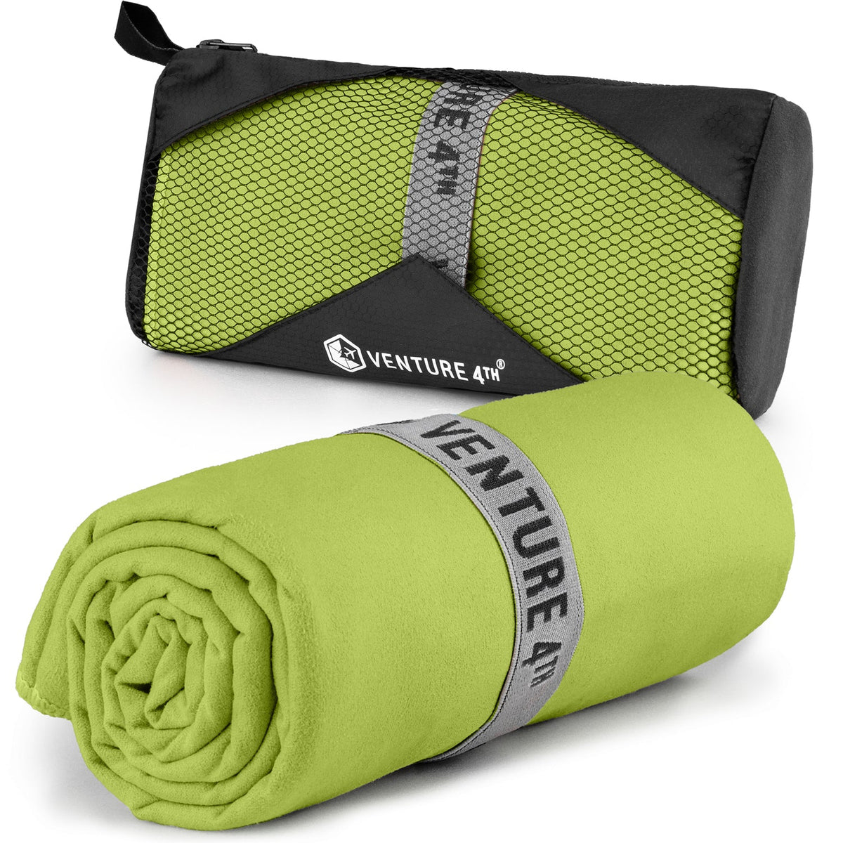 Light green microfiber quick-dry travel towel roll with carry pouch
