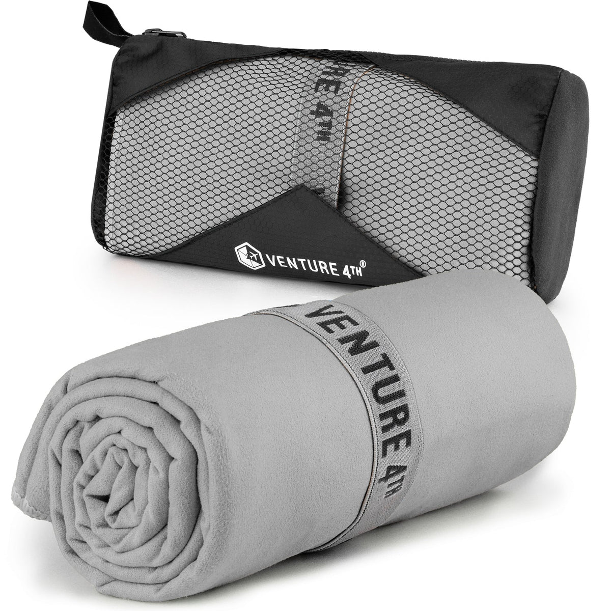 Light gray microfiber quick-dry travel towel roll with carry pouch