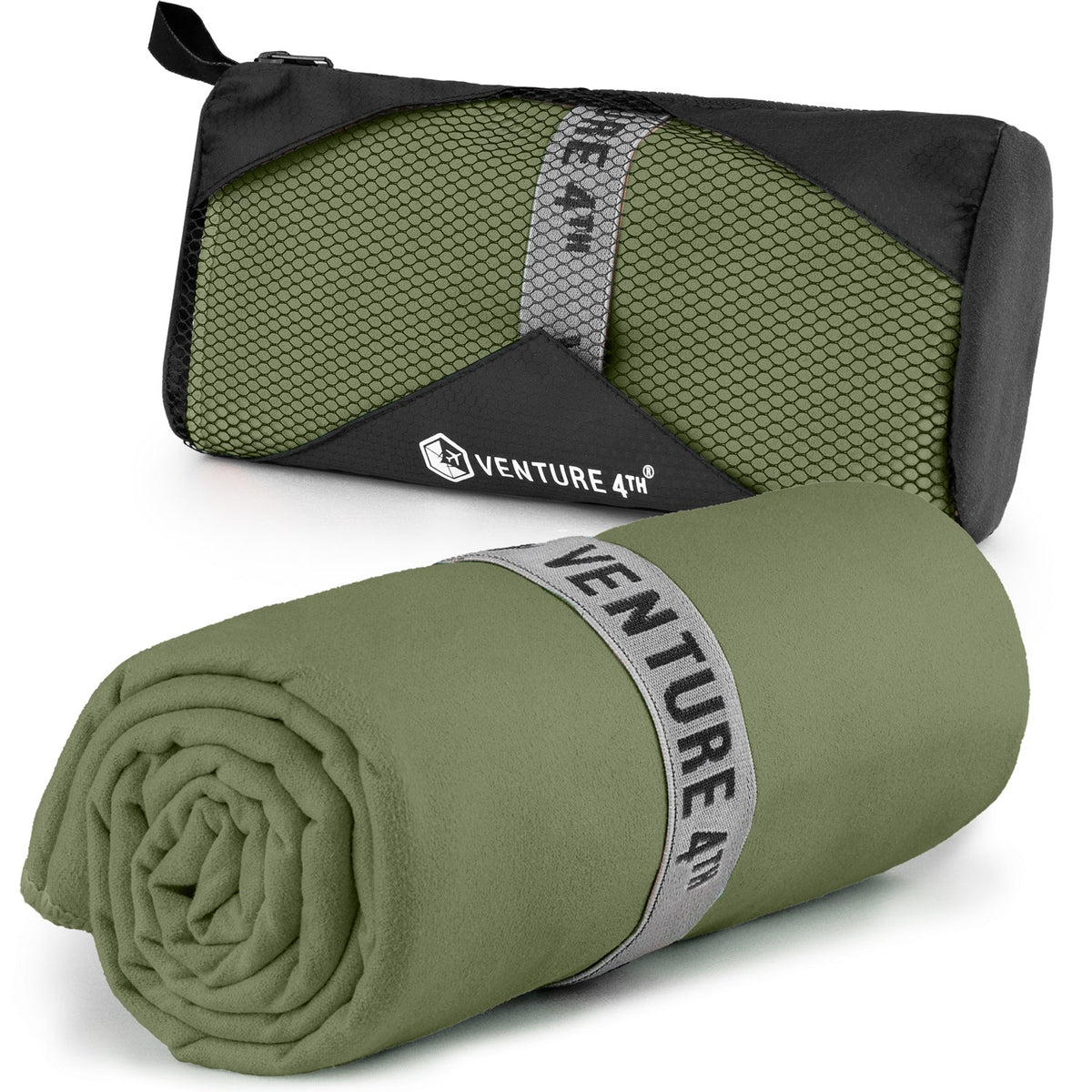 Olive green microfiber quick-dry travel towel roll with carry pouch
