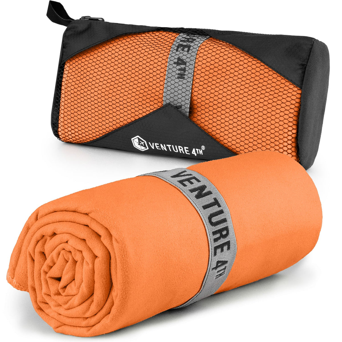 Orange microfiber quick-dry travel towel roll with carry pouch