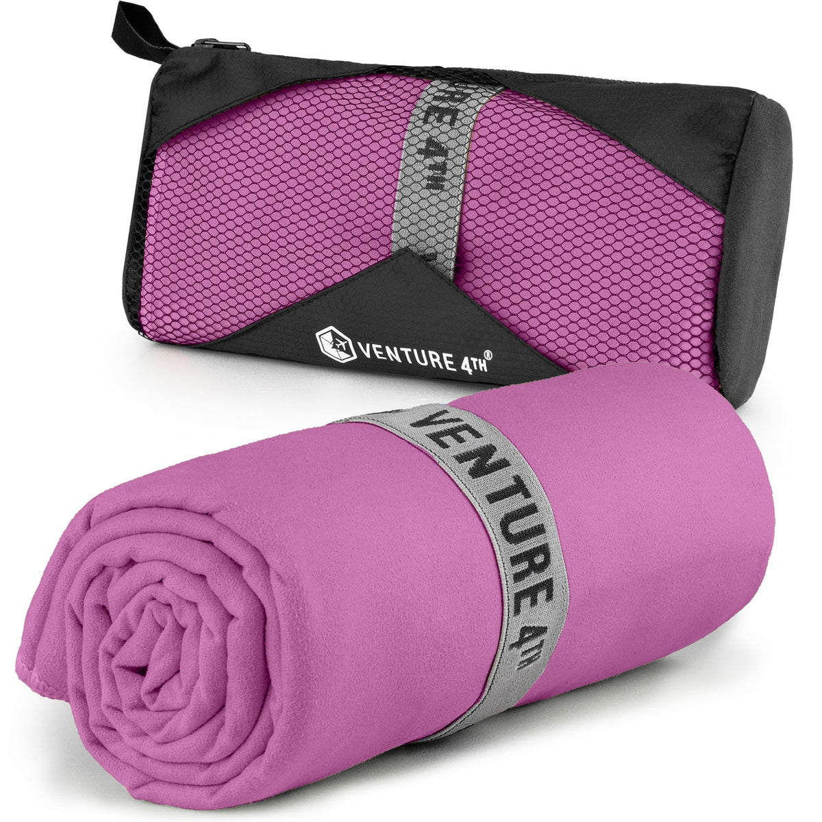 Purple microfiber quick-dry travel towel roll with carry pouch