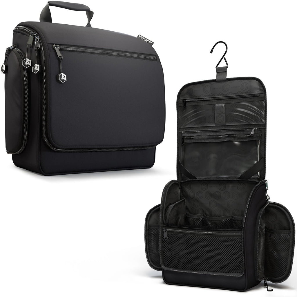 Black hanging travel toiletry bag with front zip pocket and hanging loop