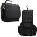 Black hanging travel toiletry bag with front zip pocket and hanging loop