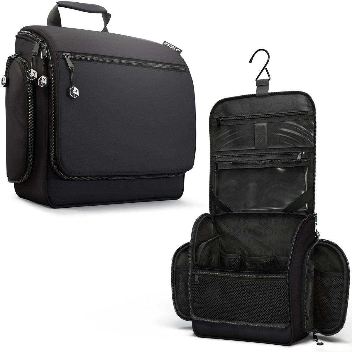 Black hanging travel toiletry bag with front zip pocket and hanging loop