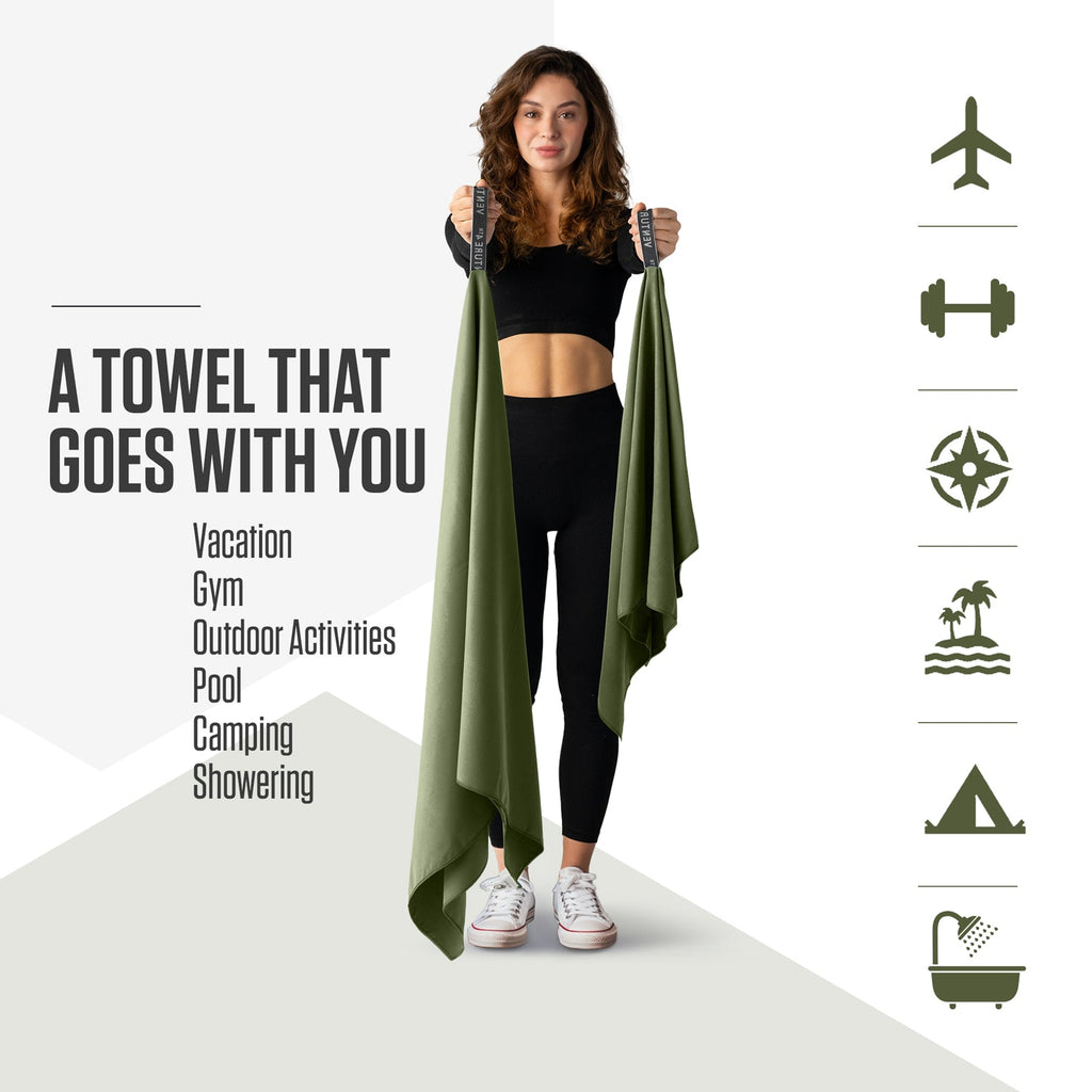 Olive green microfiber travel towel, draped and ready for quick drying