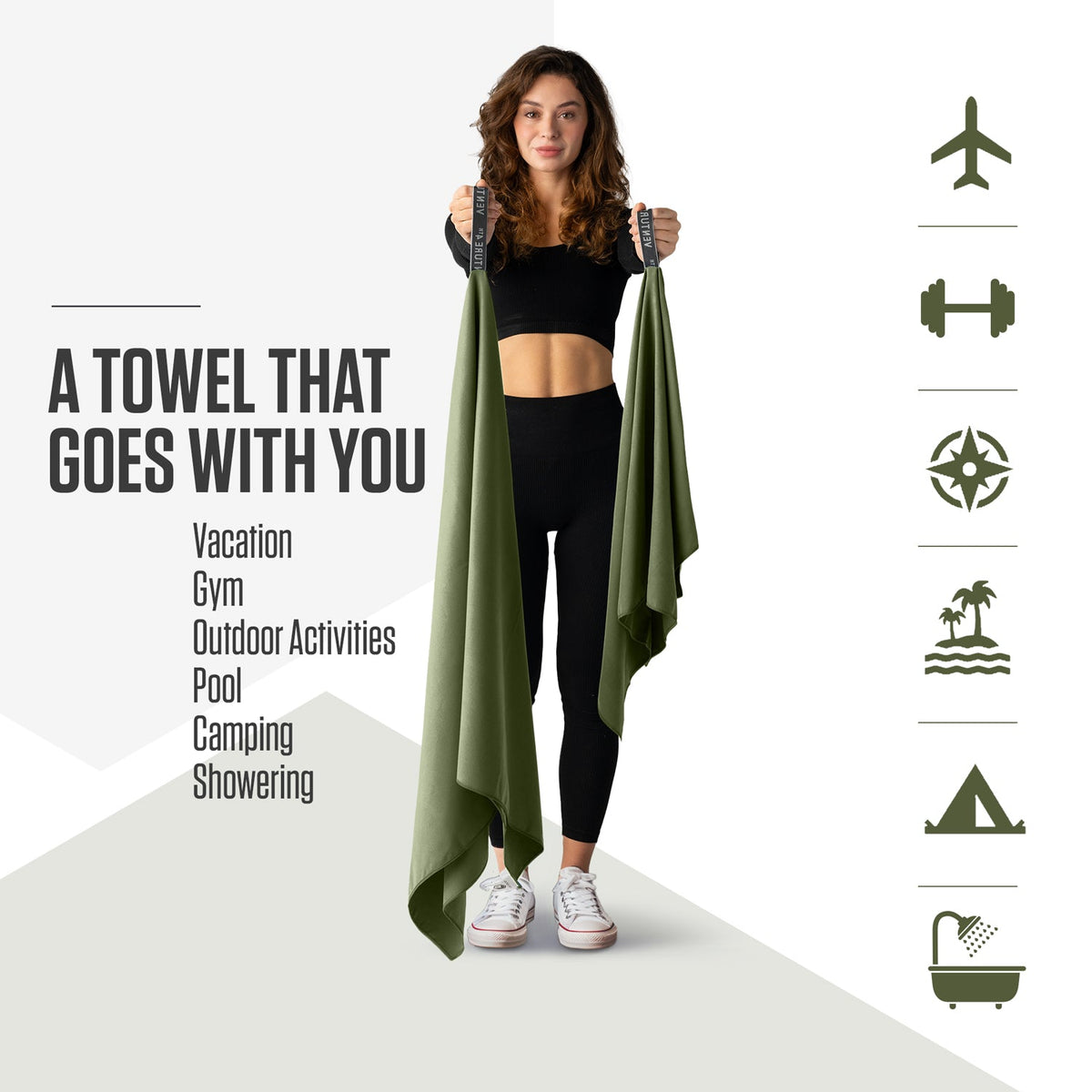 Olive green microfiber travel towel, draped and ready for quick drying