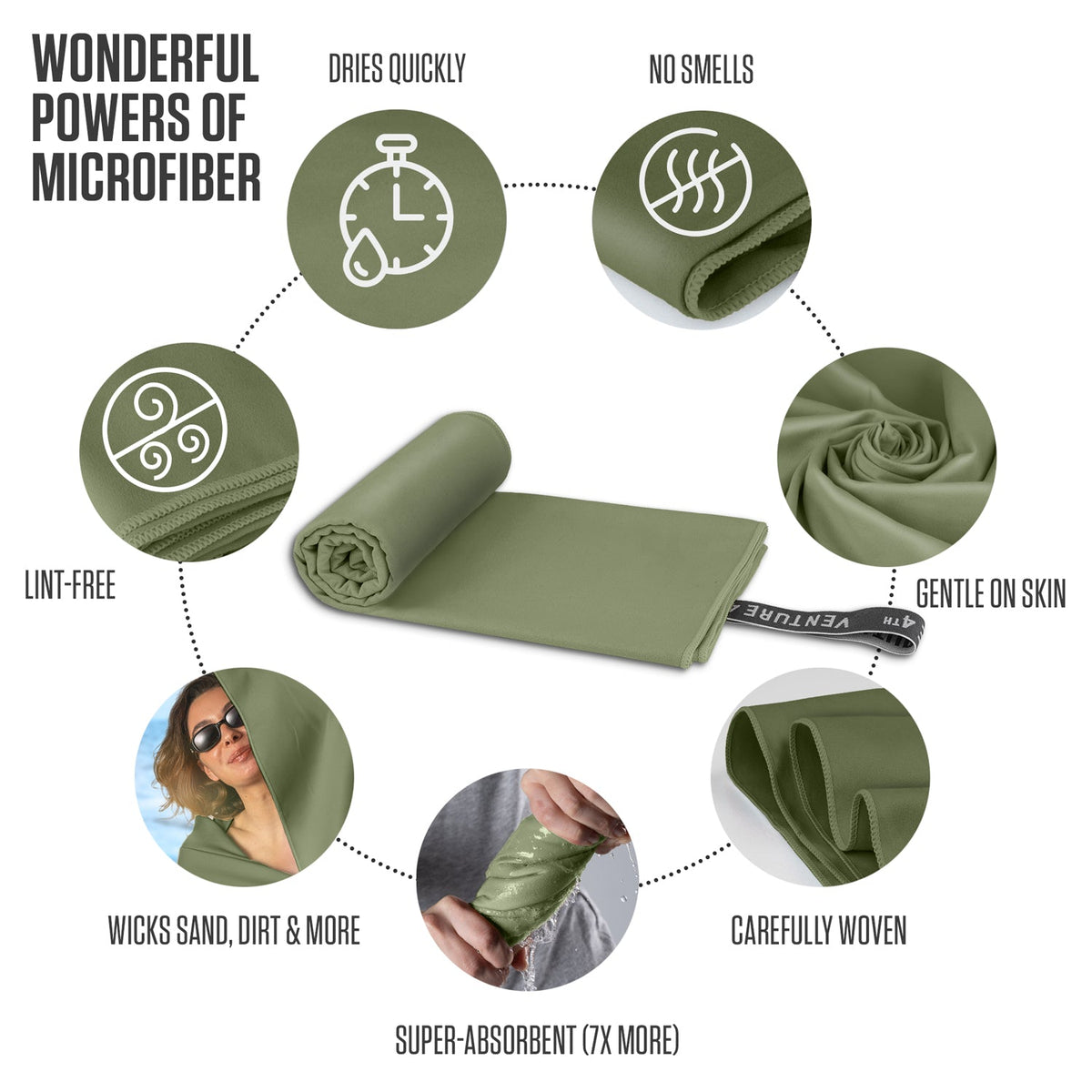 Olive green microfiber travel towel, rolled and folded for travel