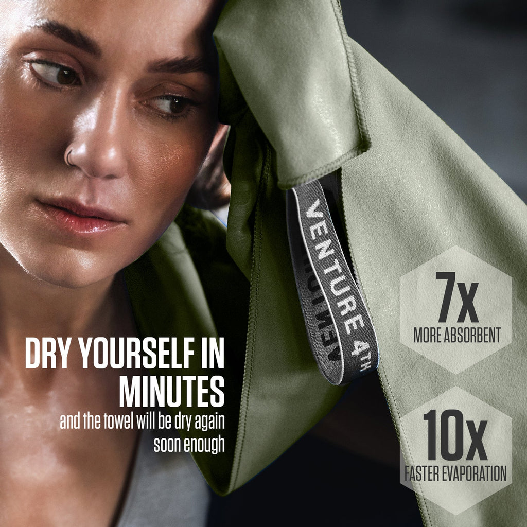 Olive green microfiber towel close-up with branded elastic strap