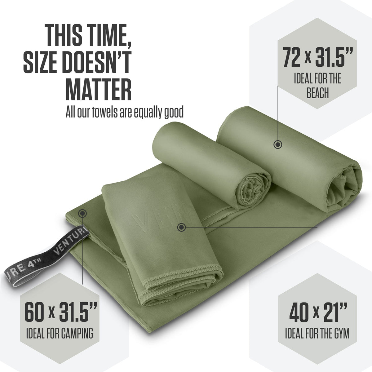 Olive green microfiber travel towel with folded sheets and rolled bundle