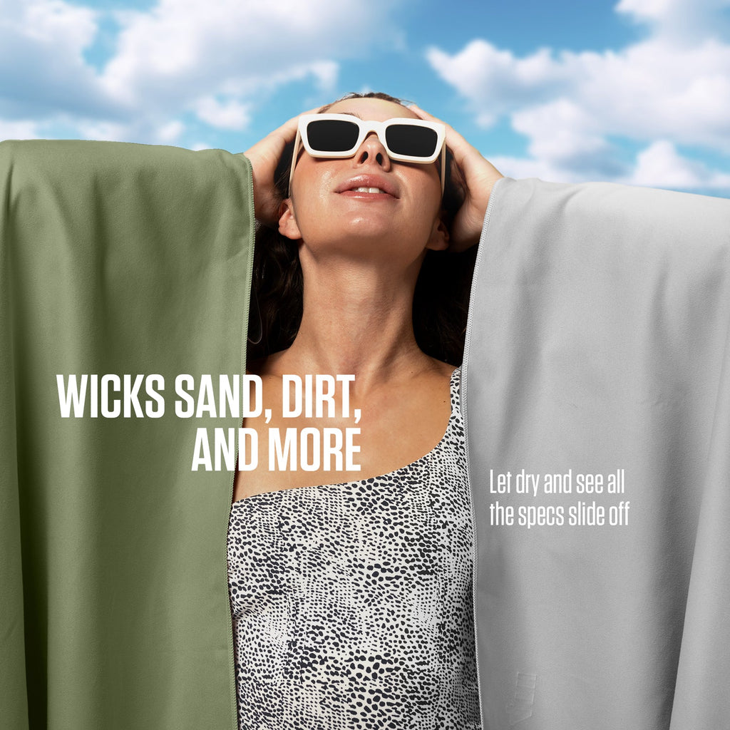 Olive green microfiber towel draped over a woman’s shoulders