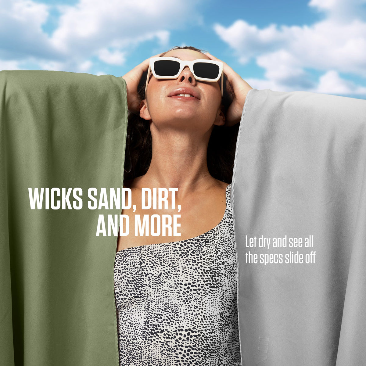 Olive green microfiber towel draped over a woman’s shoulders