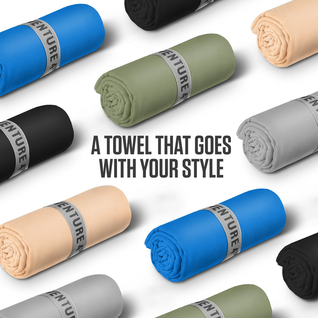 Assorted microfiber quick-dry travel towels in olive, blue, beige, gray, and black